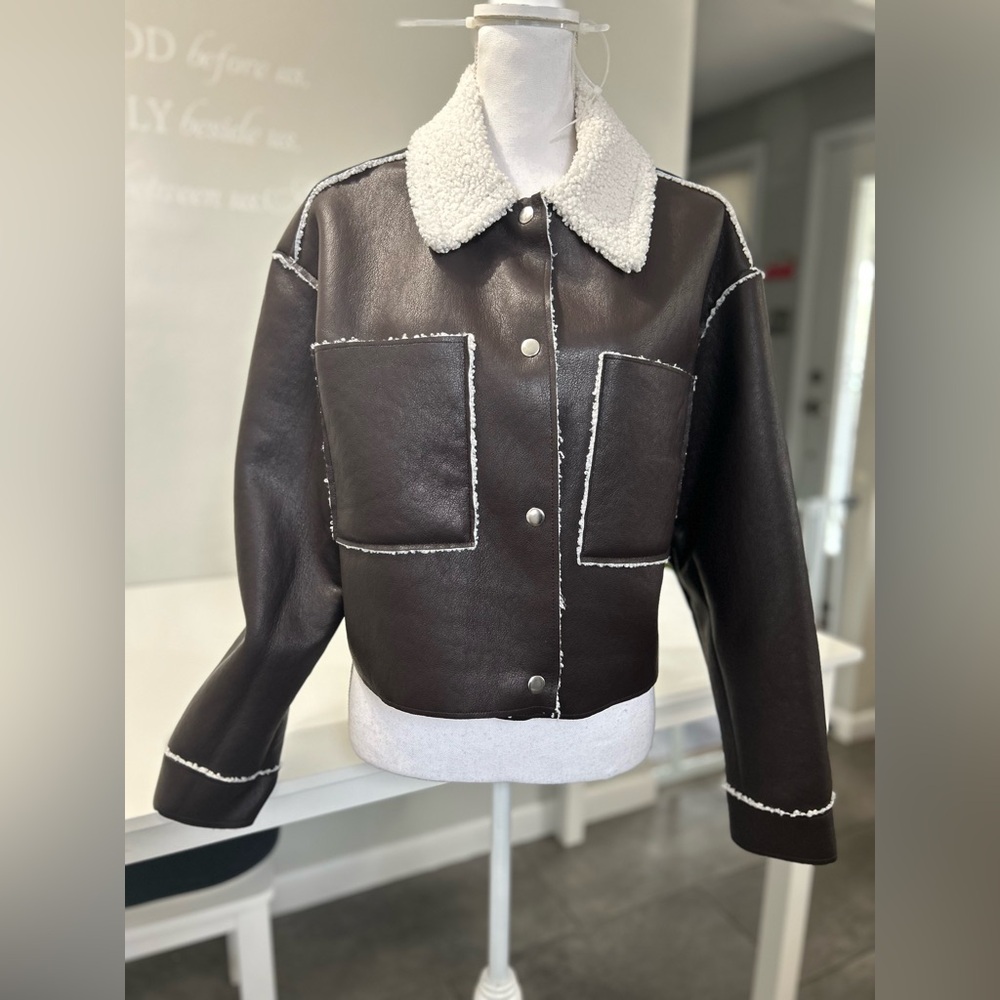 Love Tree Faux Leather and Fur cropped Jacket